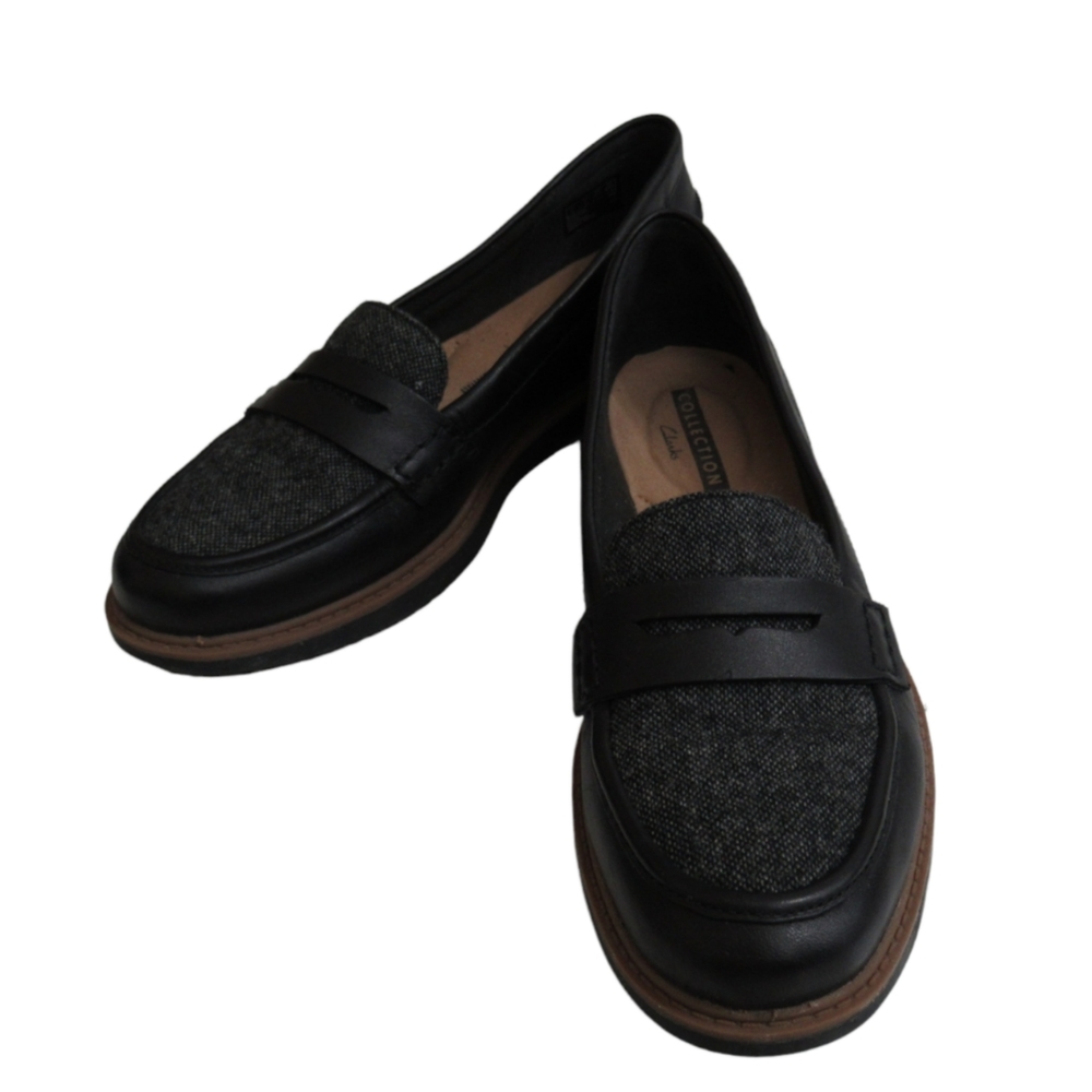 Clarks Black and Gray Penny Loafers